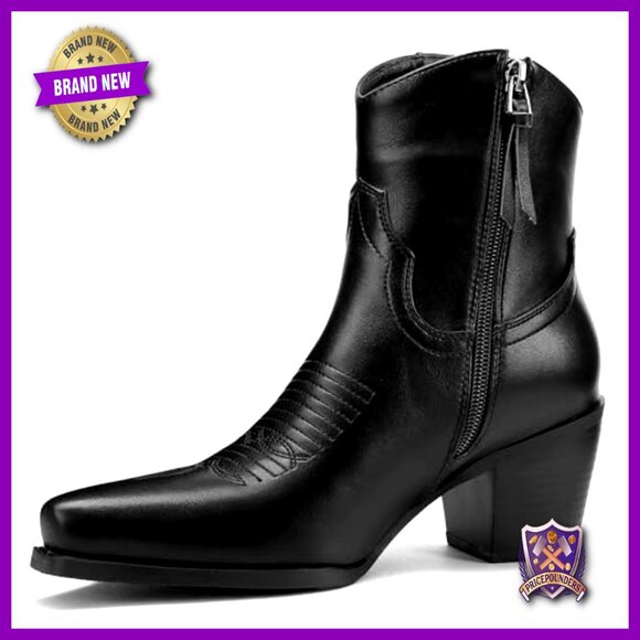 Western Ankle Boots Side Zip 2.5 Inch Heel Embroidered Toe Vegan Leather